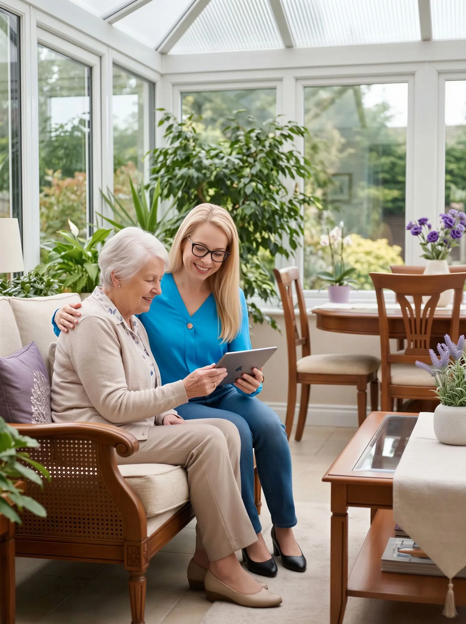 Seniorin und Betreuerin mit Tablet im Wintergarten eines Wohnprojekts