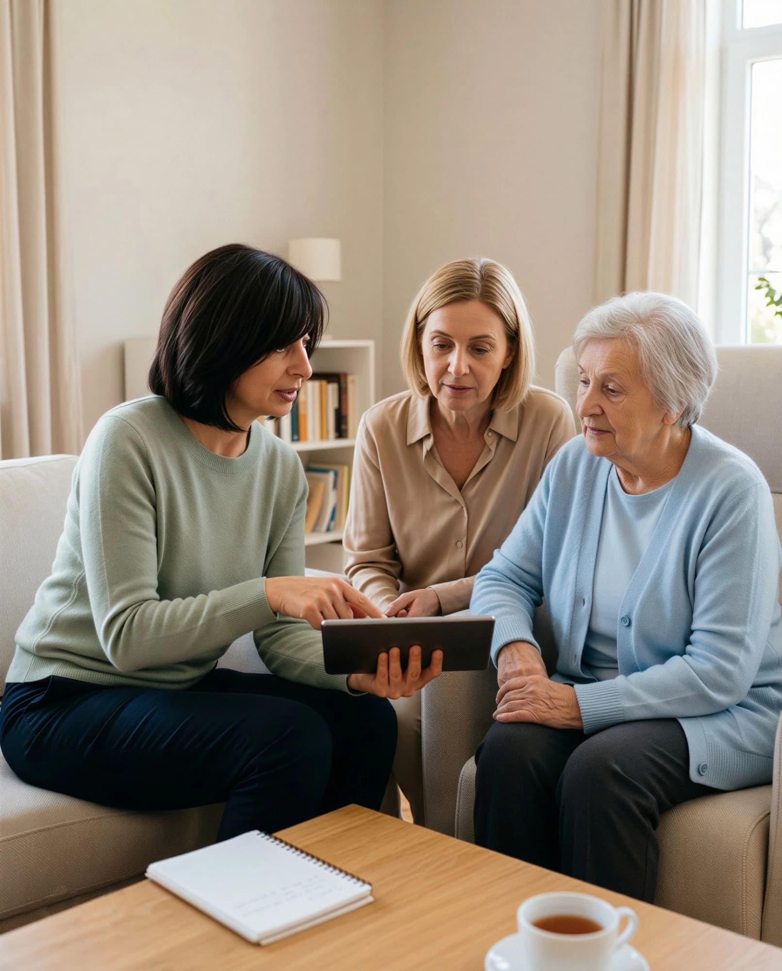 Pflegekraft und Angehörige besprechen gemeinsam mit einer Seniorin die Pflegeplanung