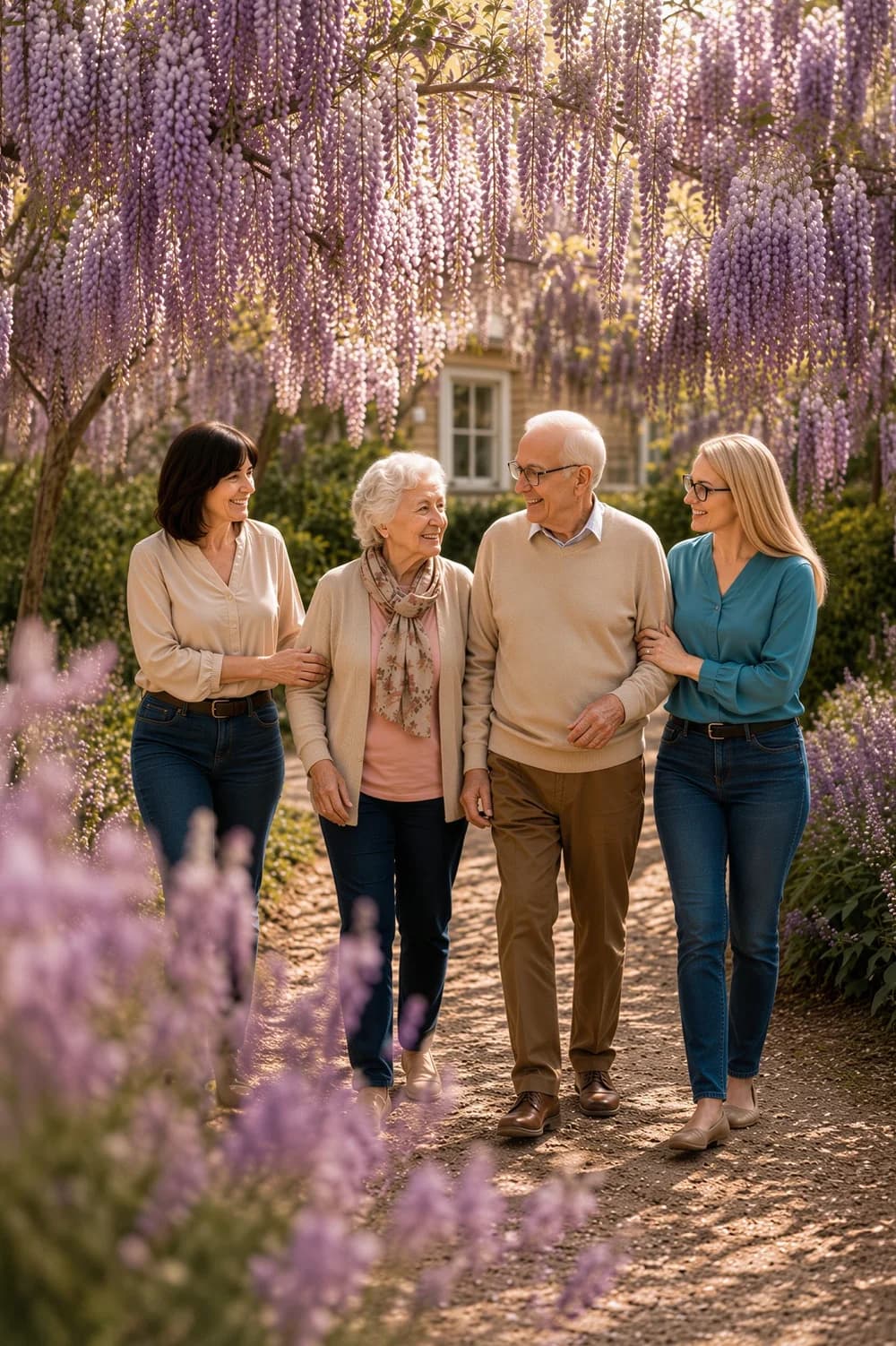 Familie mit Pflegekraft beim Spaziergang im Garten