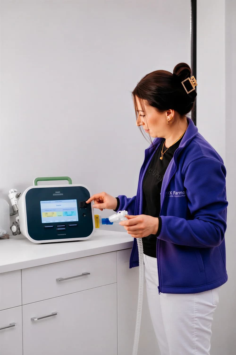 Pflegekraft stellt eine Infusionspumpe am Infusionsständer ein